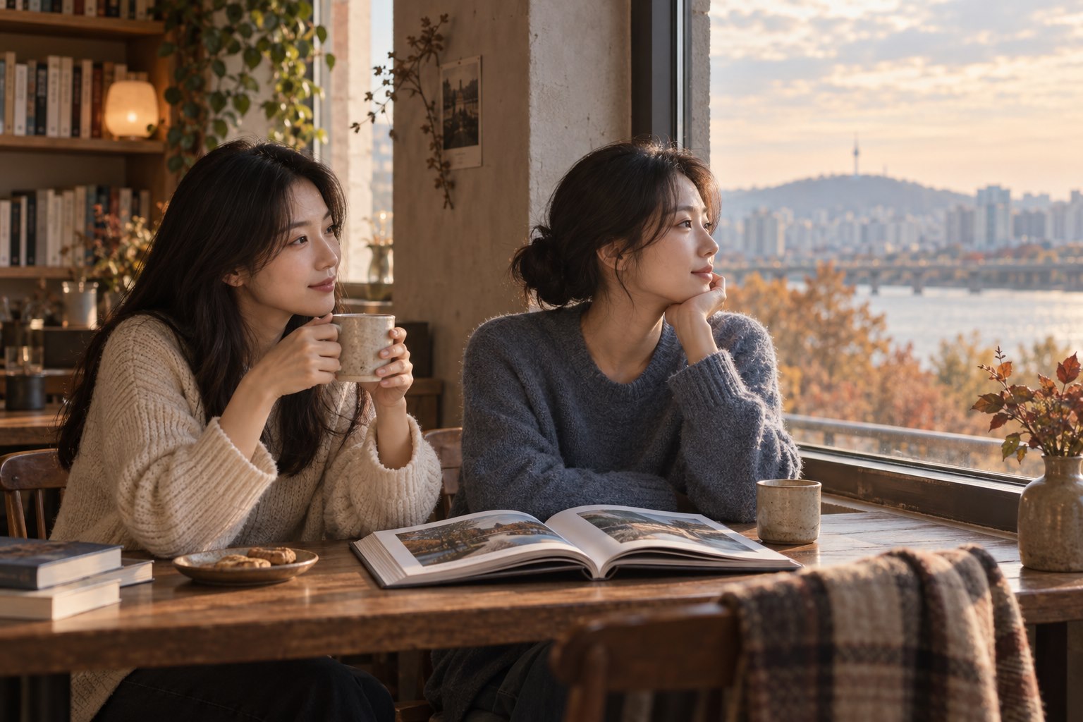 가을 오후 책 카페 창가에서 따뜻한 차와 사진집을 사이에 두고 편안한 침묵을 나누는 두 친구