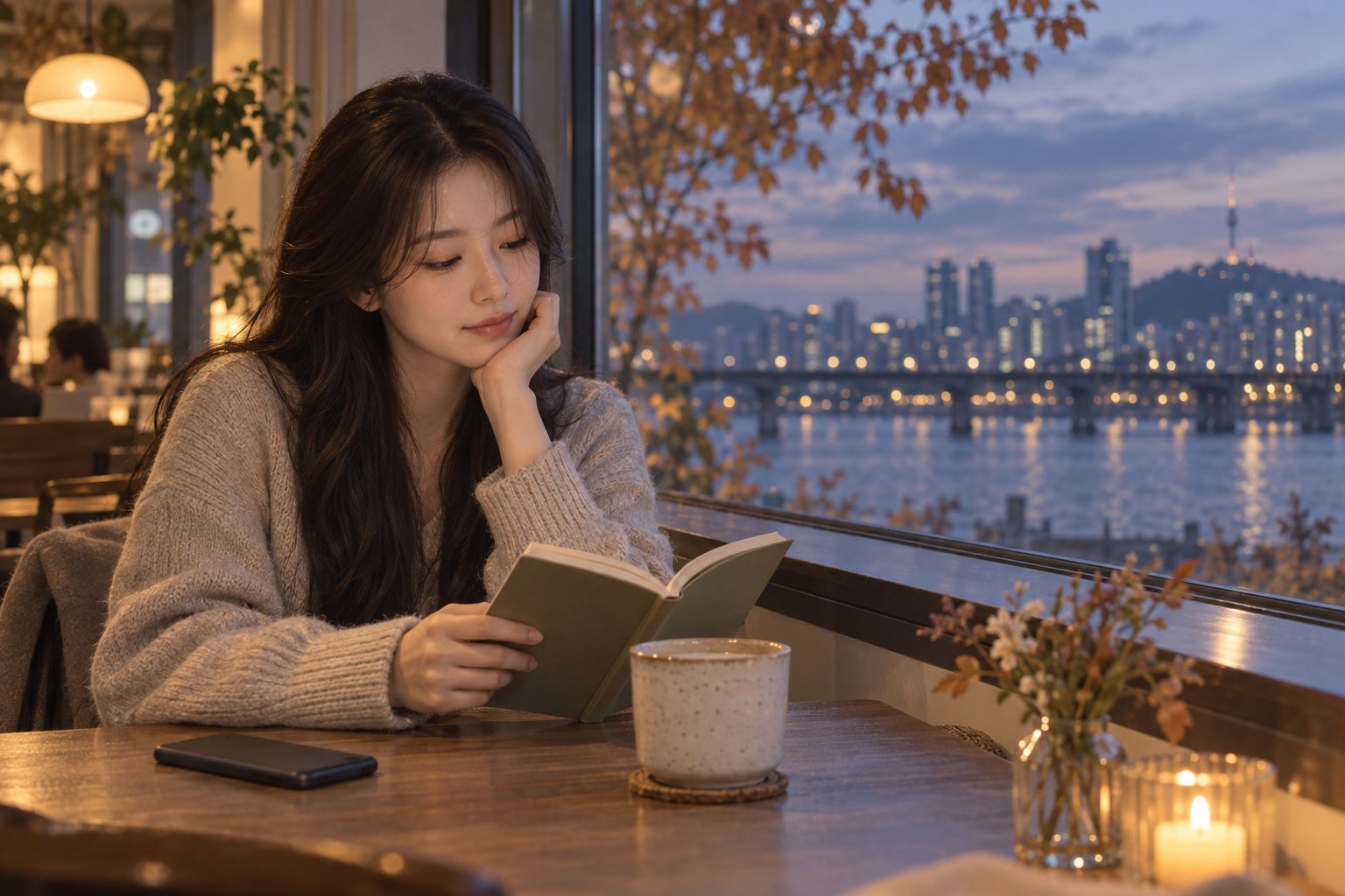 가을 저녁 강변 카페에서 화면을 엎어둔 휴대폰 옆에 따뜻한 차를 놓고 책을 읽으며 친구의 답장을 차분히 기다리는 사람