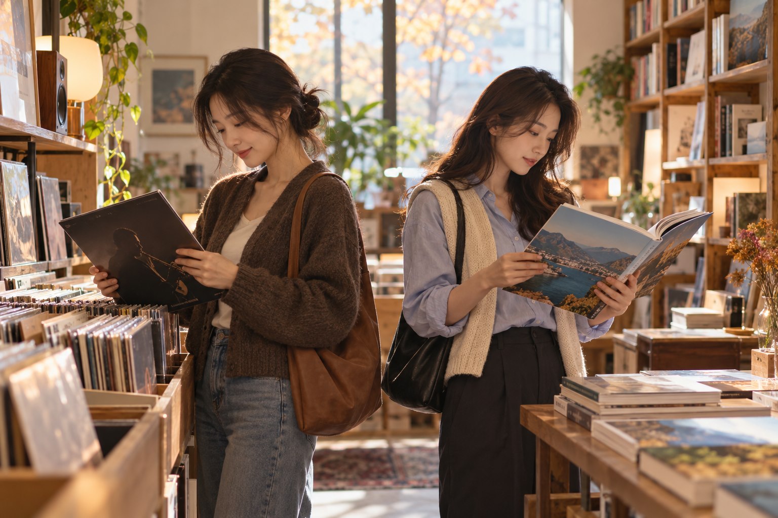 초가을 오후 독립 서점과 음반 가게에서 서로 다른 음반과 여행 사진집을 고르며 각자의 취향을 즐기는 두 친구