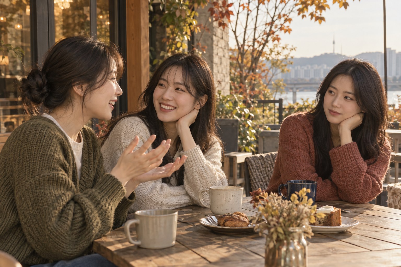 가을 오후 카페에서 세 친구가 함께 대화하며 한 친구가 자신의 마음을 조용히 살피는 모습