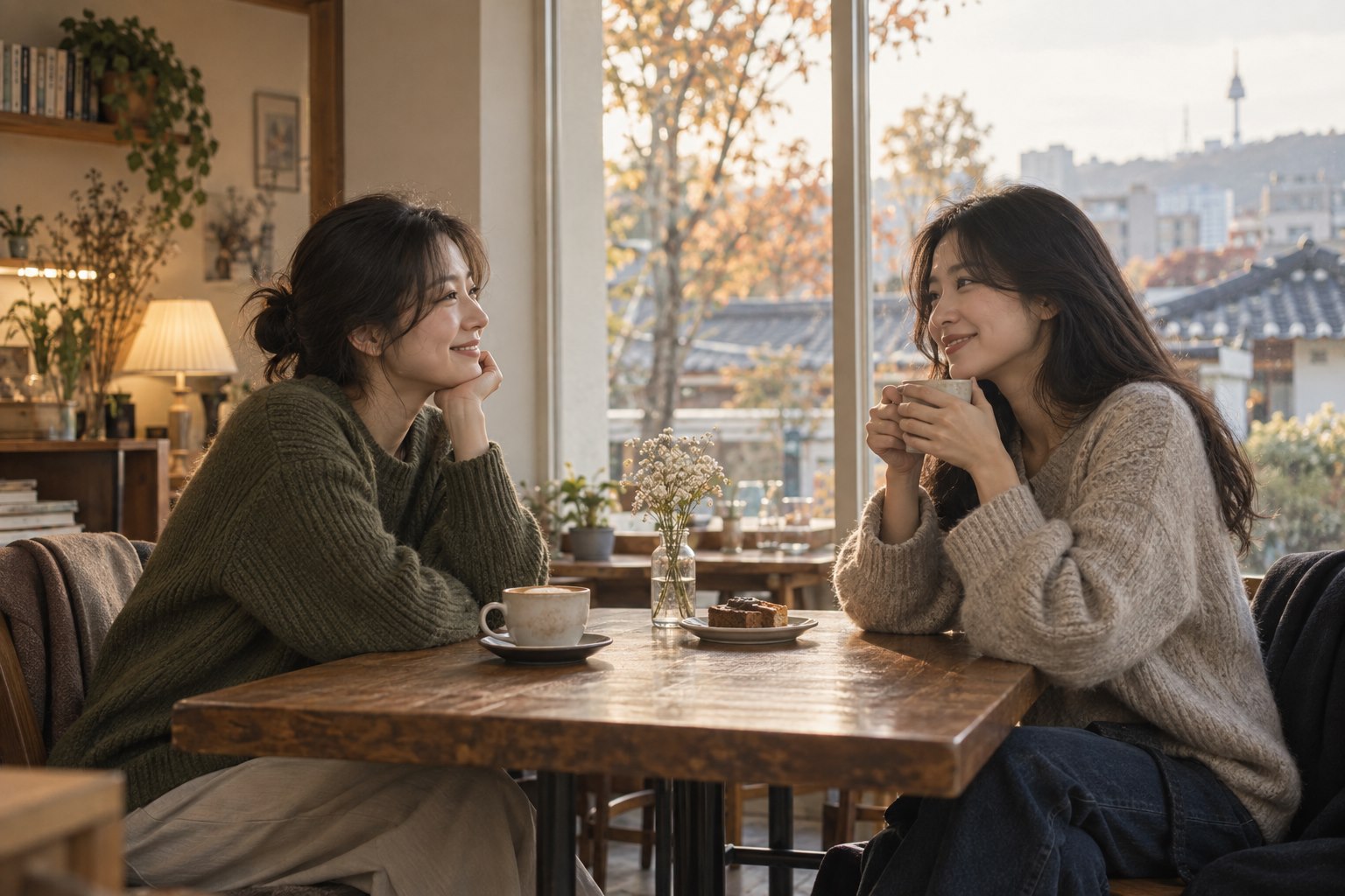 오랜만에 만난 두 친구가 가을 오후 카페에서 편안하게 차를 마시며 미소 짓는 모습