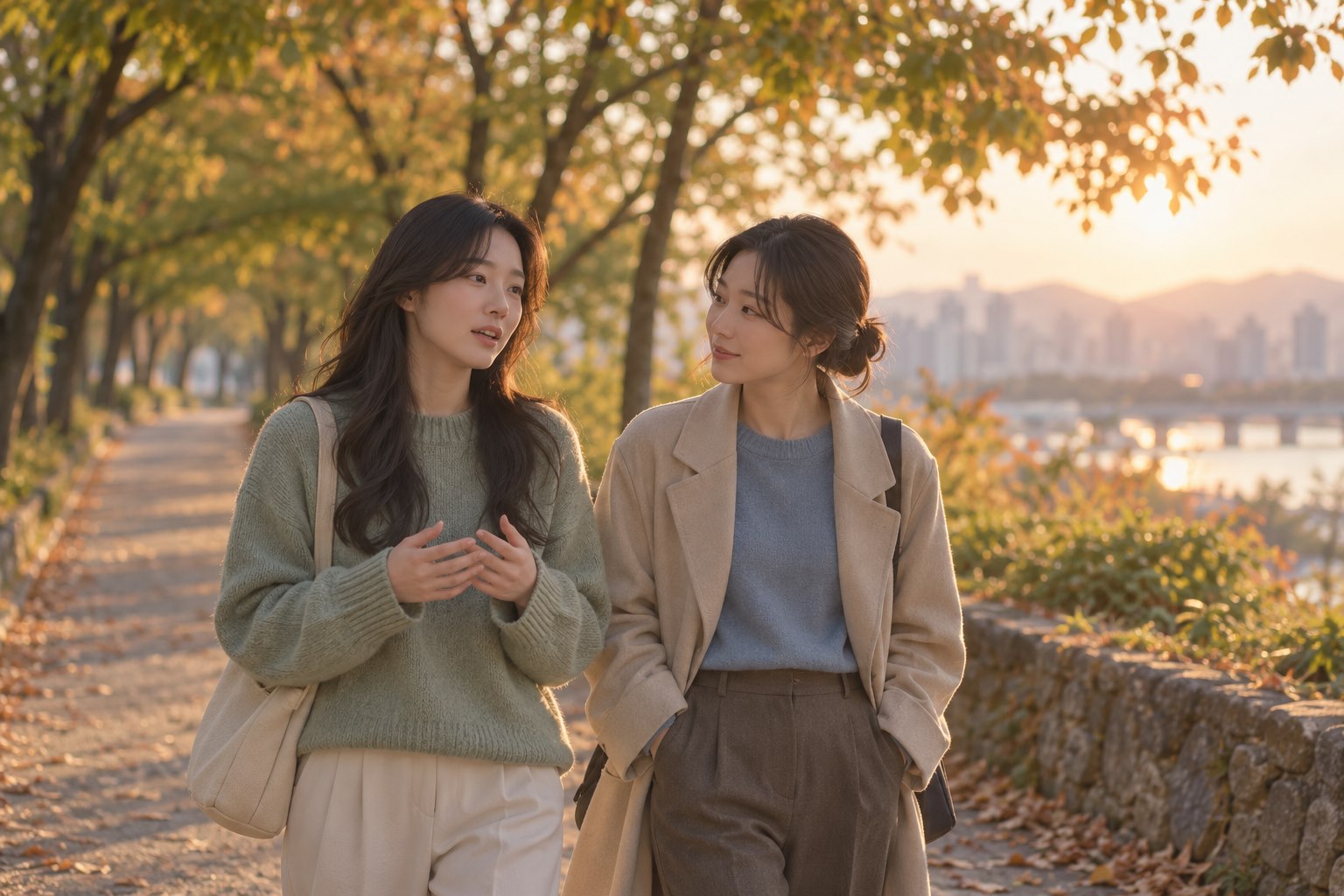 초가을 저녁 나무길을 나란히 걸으며 한 친구가 조심스럽게 고민을 꺼내고 다른 친구가 차분히 듣는 모습