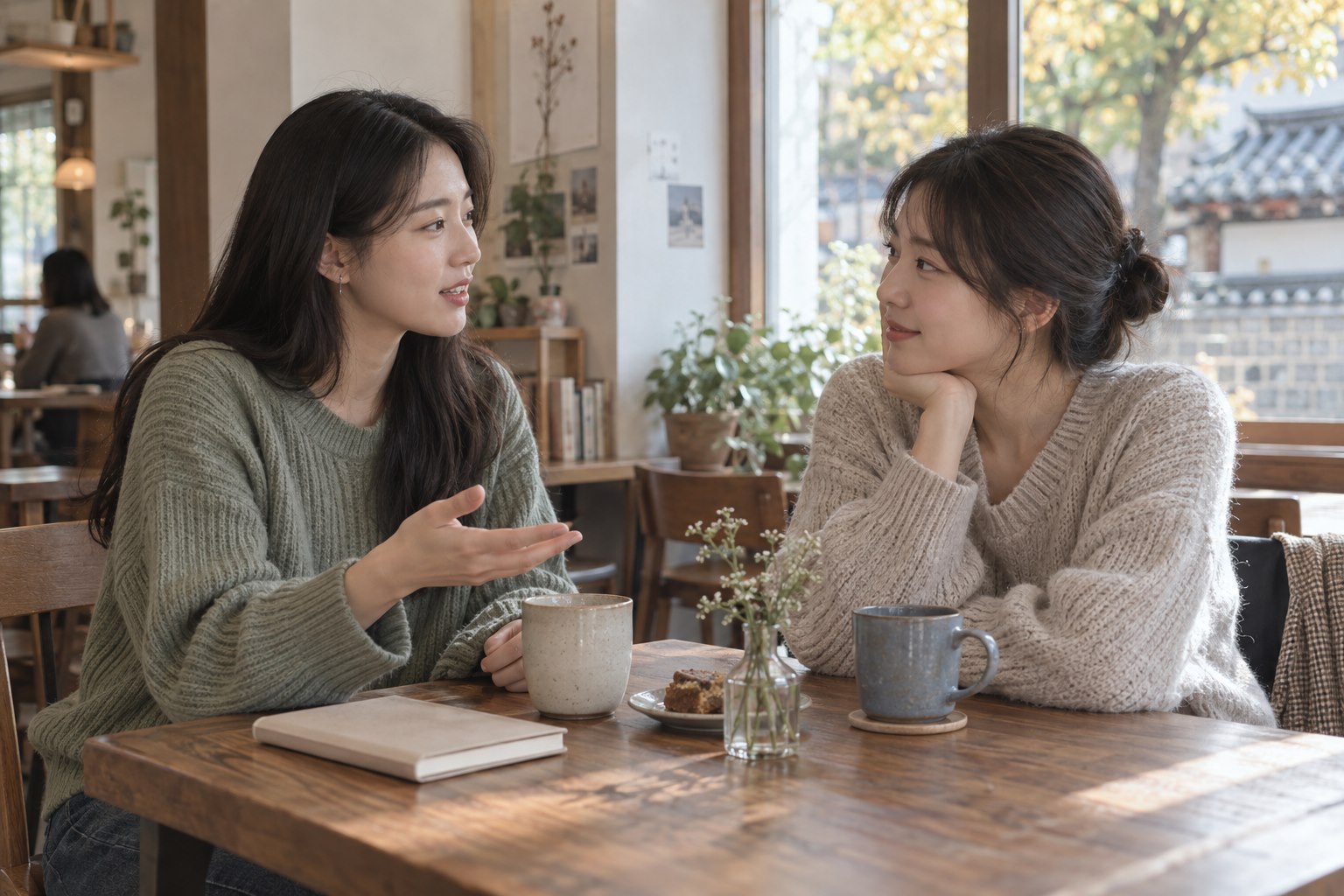가을 아침 카페에서 두 친구가 서로의 눈을 바라보며 부탁과 가능한 범위를 차분하게 이야기하는 모습