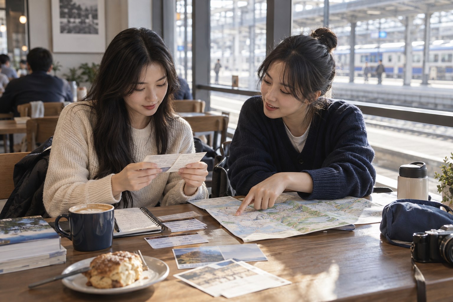 기차역 카페에서 일정표와 지도를 함께 보며 여행을 계획하는 두 친구