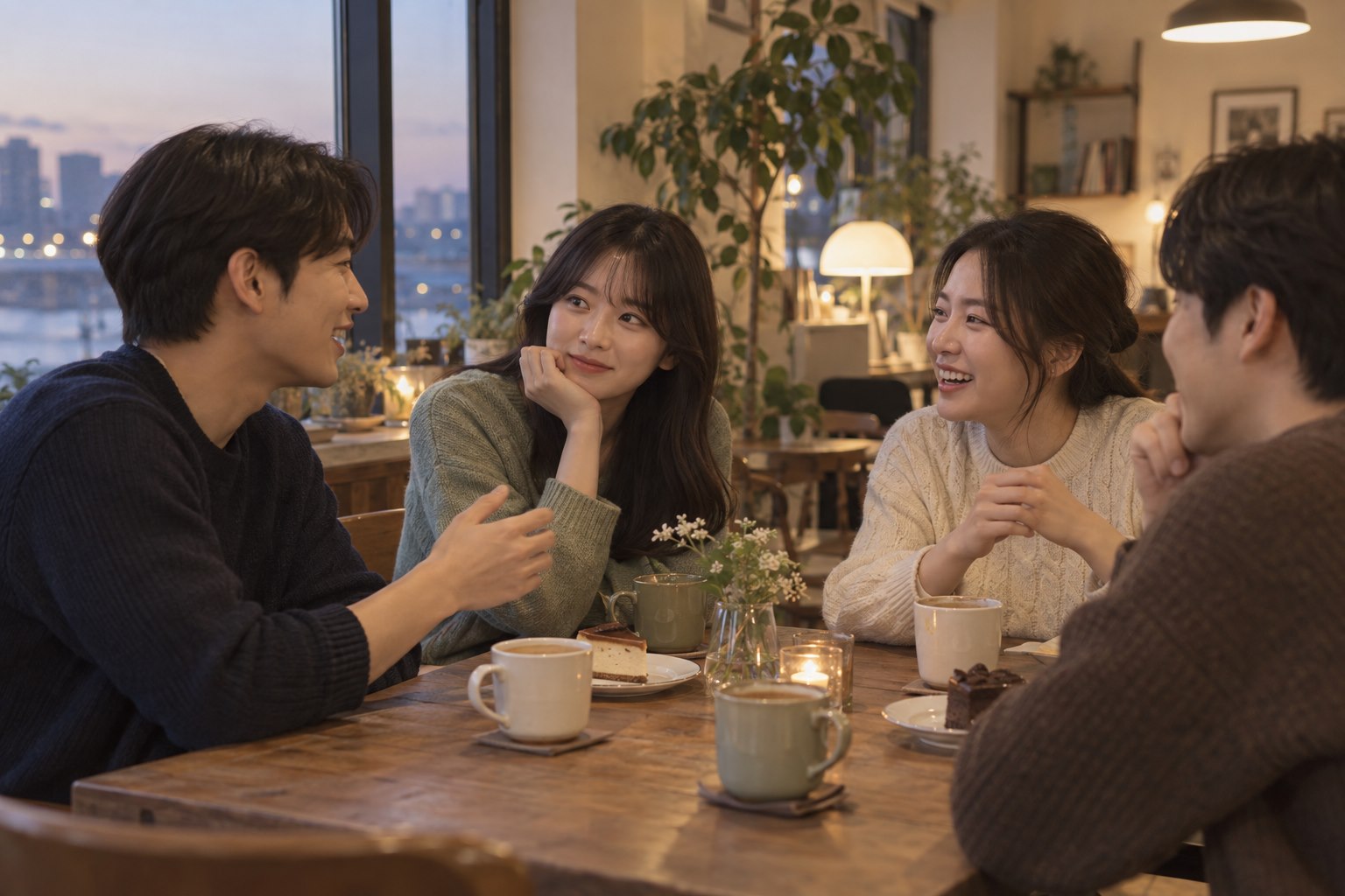 저녁 카페의 낯선 모임에서 다른 사람의 이야기를 편안하게 들으며 대화에 참여하는 사람