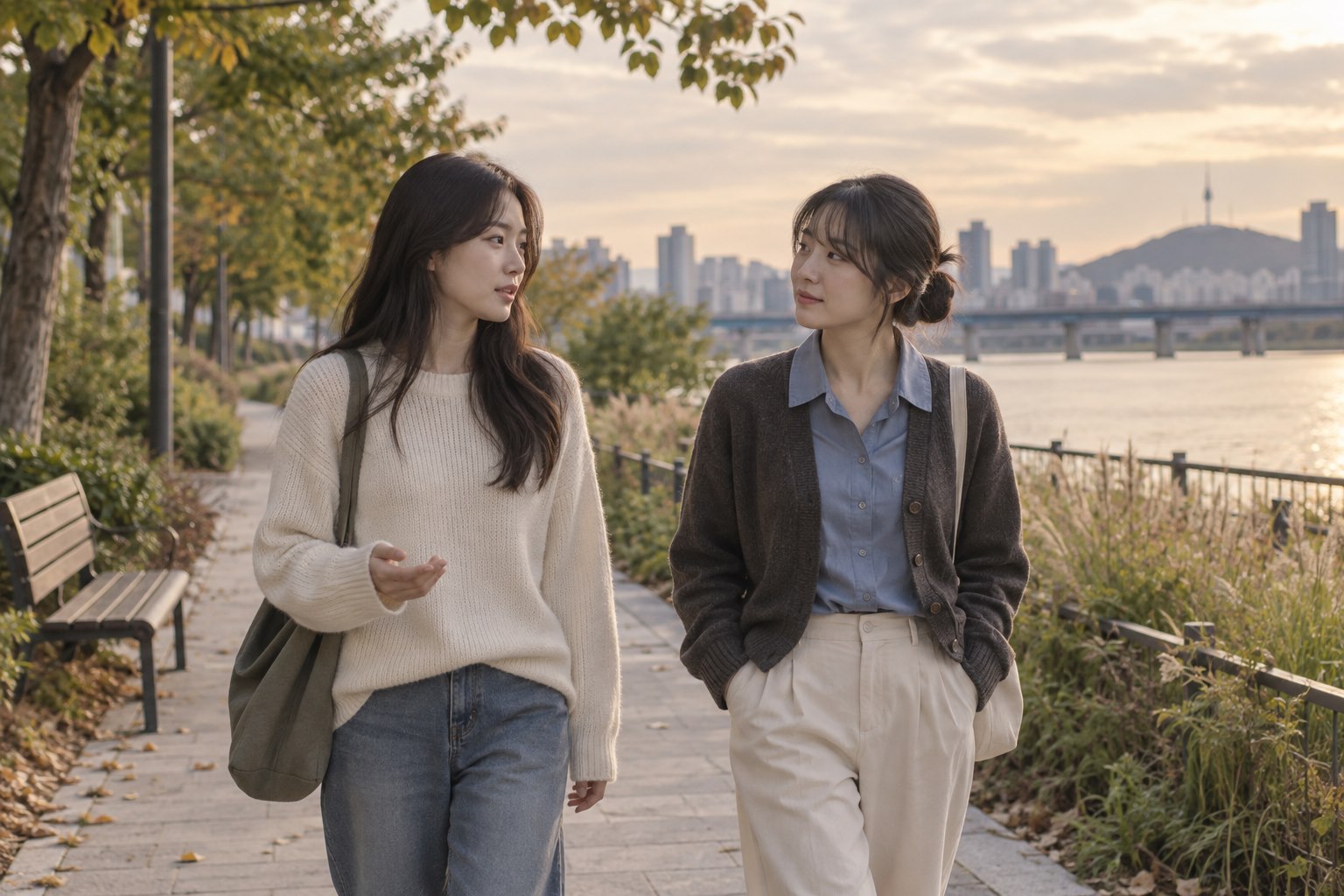 초가을 강변길을 나란히 걸으며 조심스럽게 대화를 다시 시작하는 두 친구