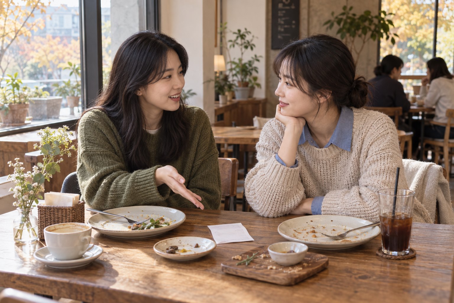 가을 오전 브런치 카페에서 식사를 마친 두 친구가 계산 기준을 편안하게 이야기하는 모습