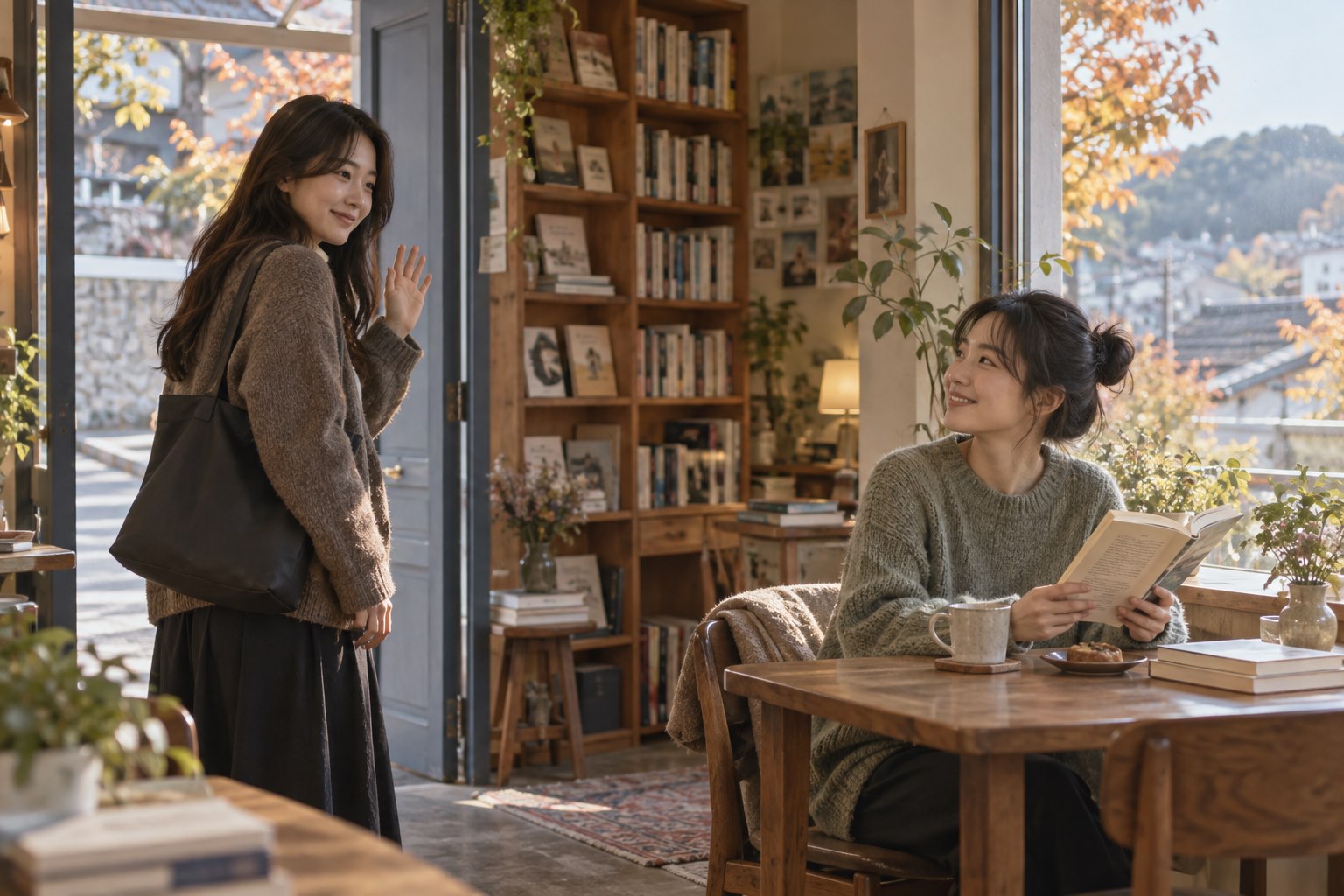 가을 오후 책 카페에서 한 친구는 다정하게 인사하고 다른 친구는 책과 차를 곁에 두고 편안하게 혼자만의 시간을 보내는 모습