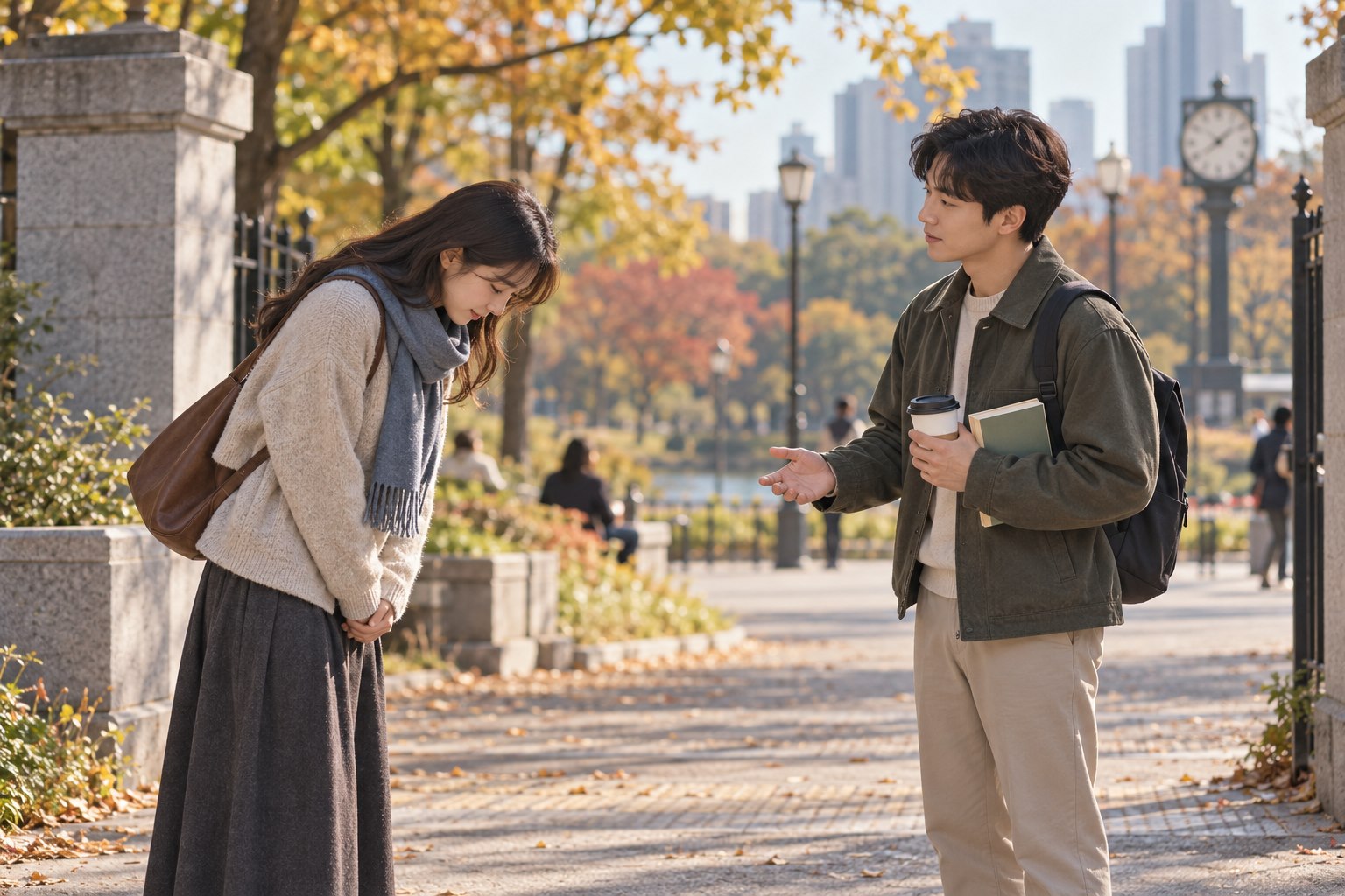 초가을 공원 입구 시계 근처에서 늦게 도착해 사과하는 친구와 기다린 시간을 차분히 이야기하려는 친구